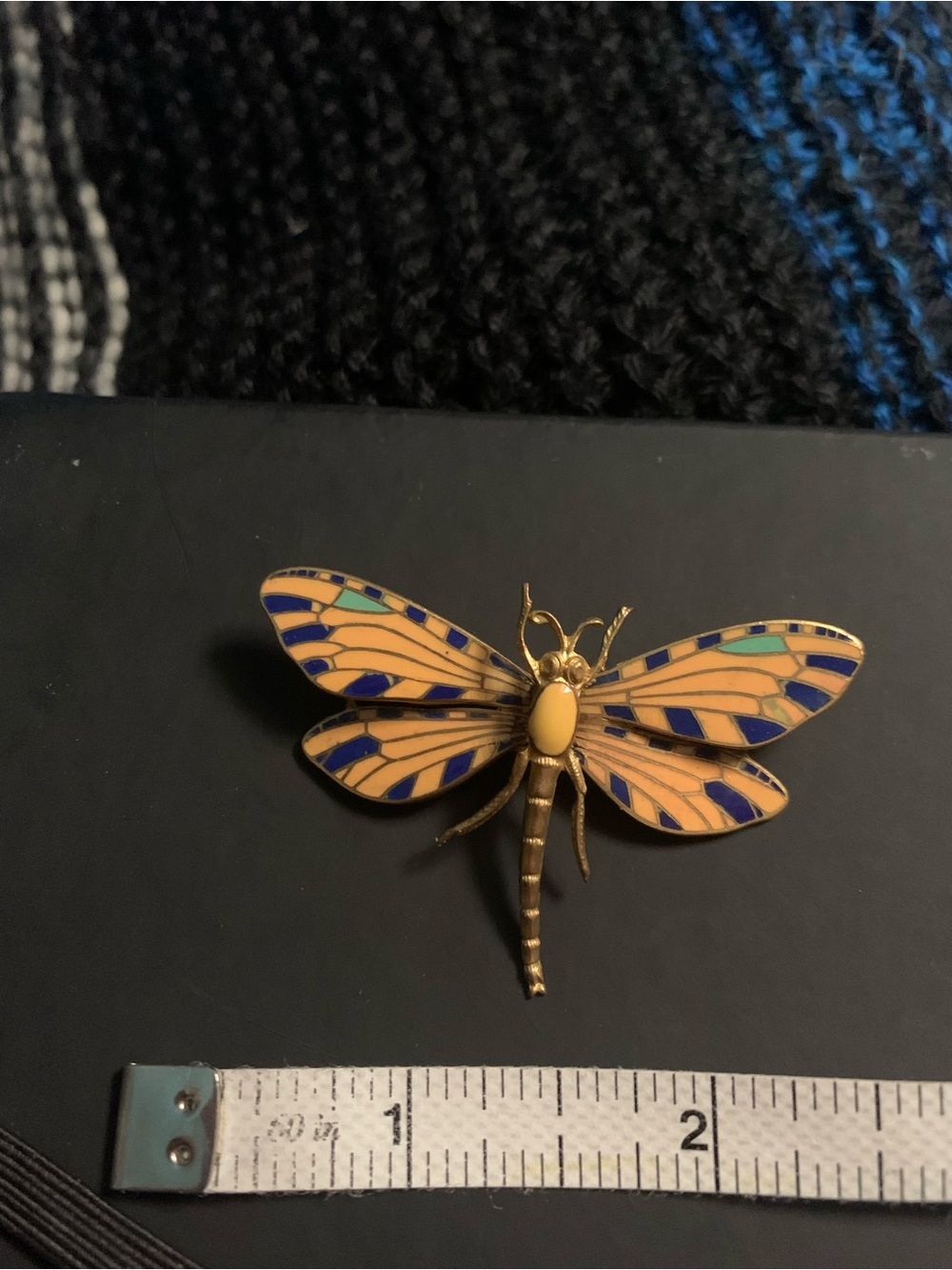 Gold-Tone Dragonfly Pin Brooch with Yellow and Blue Enamel on Copper